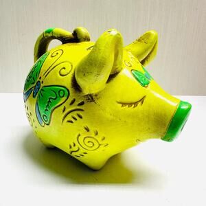Vintage Retro Hippy Chartreuse Piggy Coin Bank Butterflies Glows Under UV Light